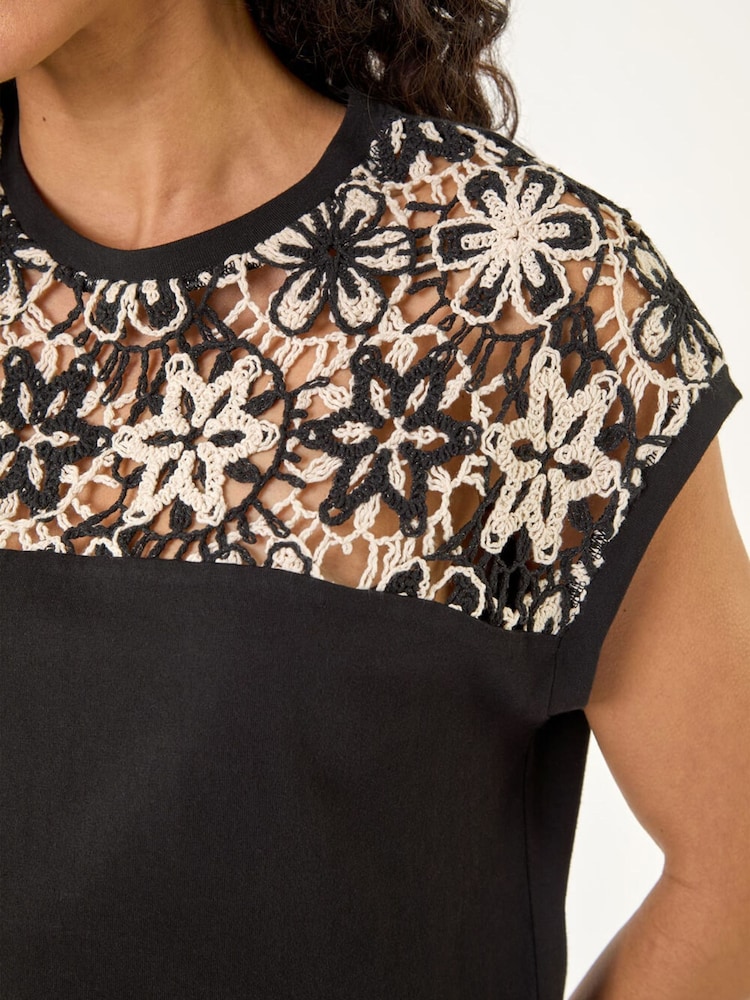 Roman Black Cotton Floral Crochet T-Shirt - Image 5 of 5