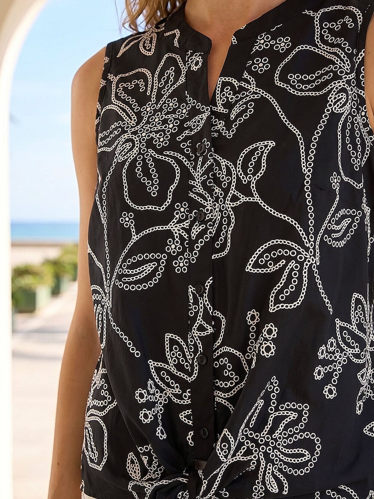 Roman Black Floral Puff Print Tie Blouse - Image 4 of 4 Roman Black Floral Puff Print Tie Blouse - Image 4 of 4