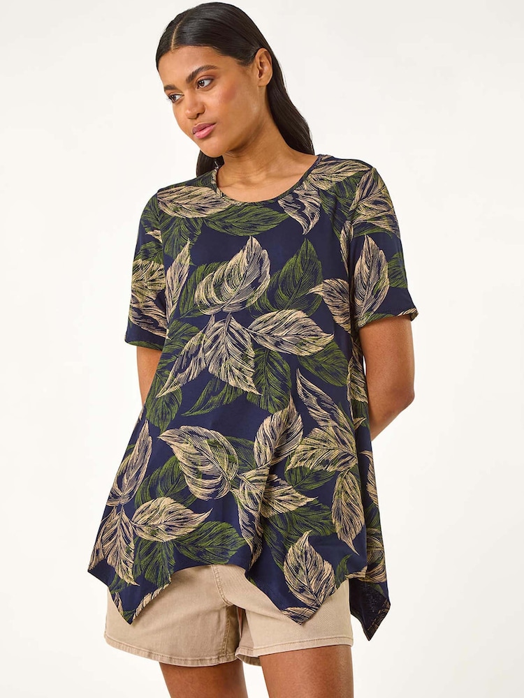 Roman Blue Leaf Print Hanky Hem Tunic Top - Image 1 of 4