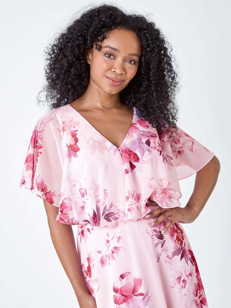 Roman Pink Petite Floral Cape Style Midi Dress - Image 3 of 3