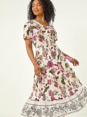 Roman White Petite Floral Dobby Print Midi Dress - Image 1 of 5