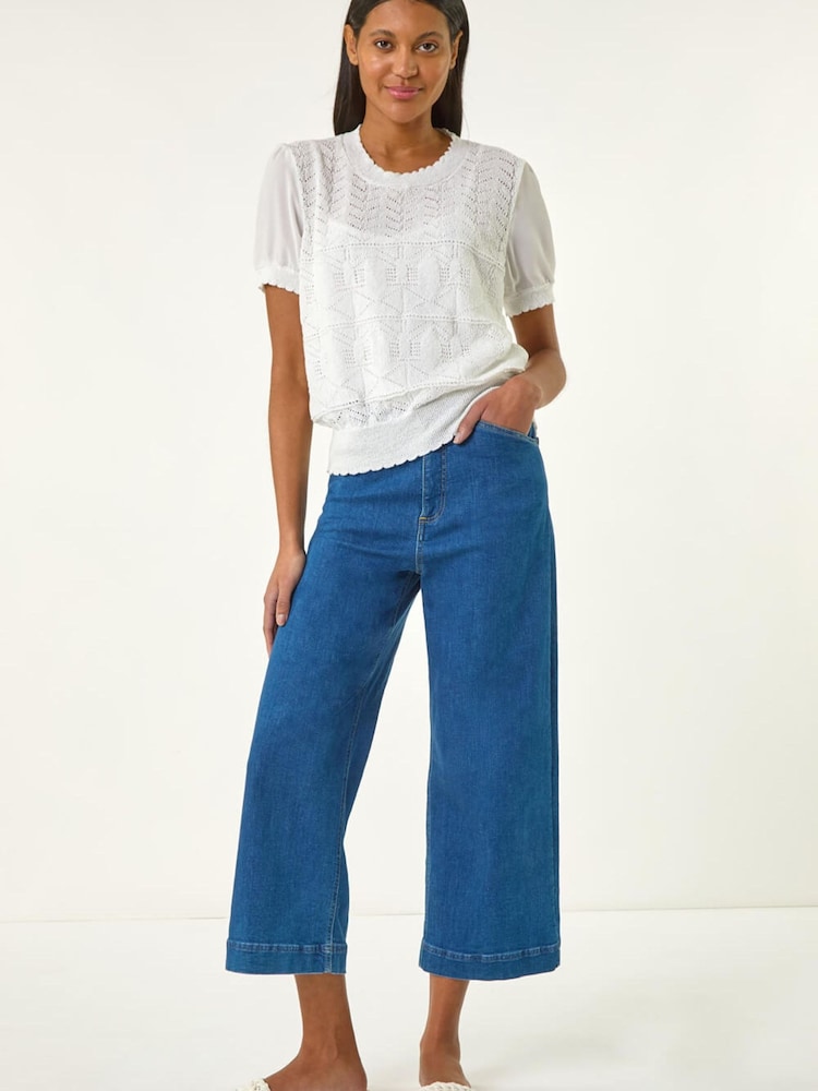 Roman White Pointelle Knit T-Shirt - Image 2 of 5 Roman White Pointelle Knit T-Shirt - Image 2 of 5