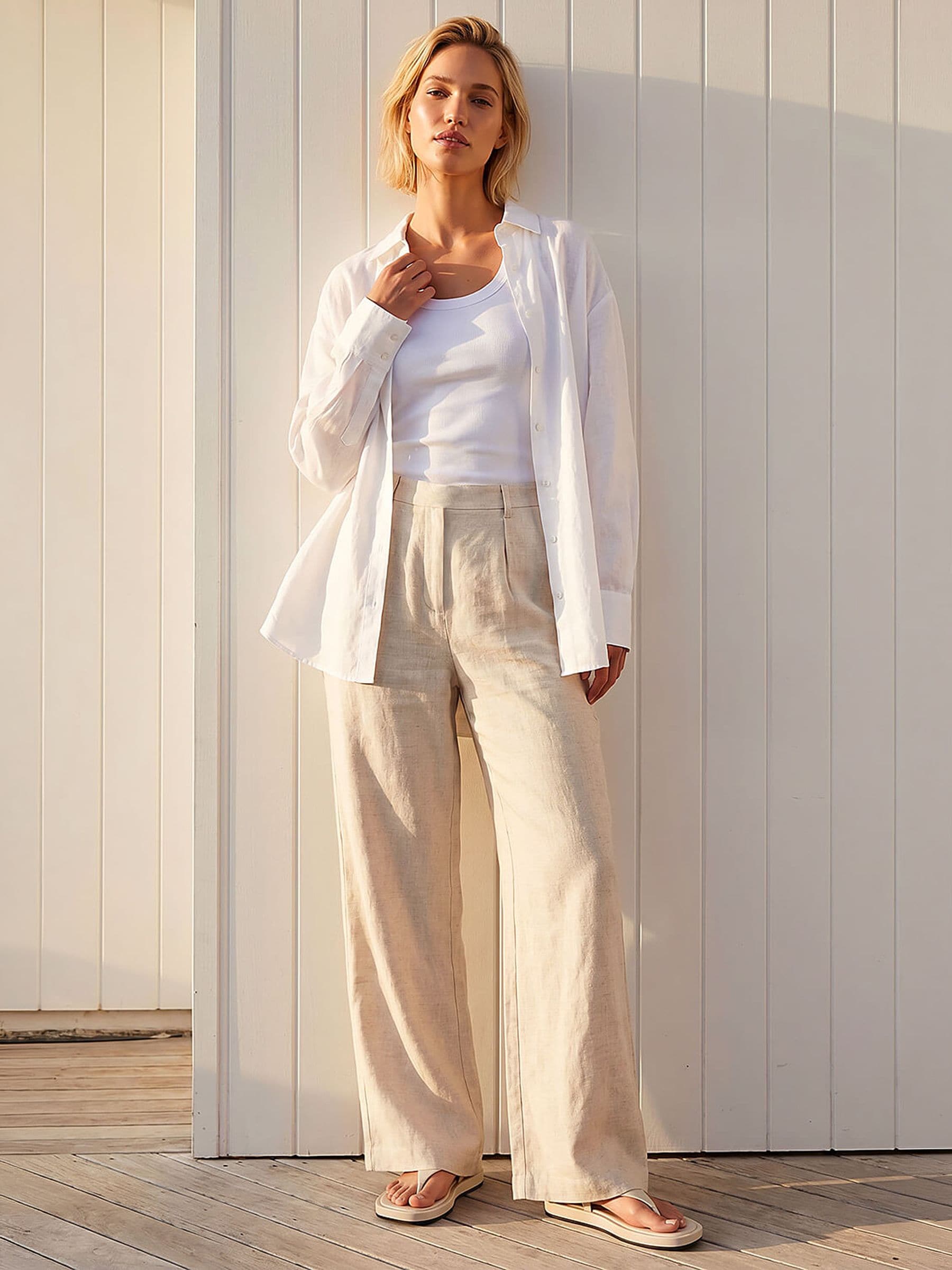 Buy Roman Natural Linen Mix Wide Leg Trousers from the Next UK