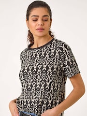 Roman Black Ikat Print Textured Stretch Top - Image 1 of 4