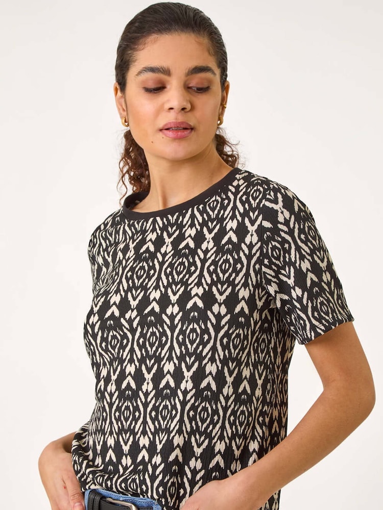 Roman Black Ikat Print Textured Stretch Top - Image 1 of 4 Roman Black Ikat Print Textured Stretch Top - Image 1 of 4