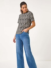 Roman Black Ikat Print Textured Stretch Top - Image 2 of 4