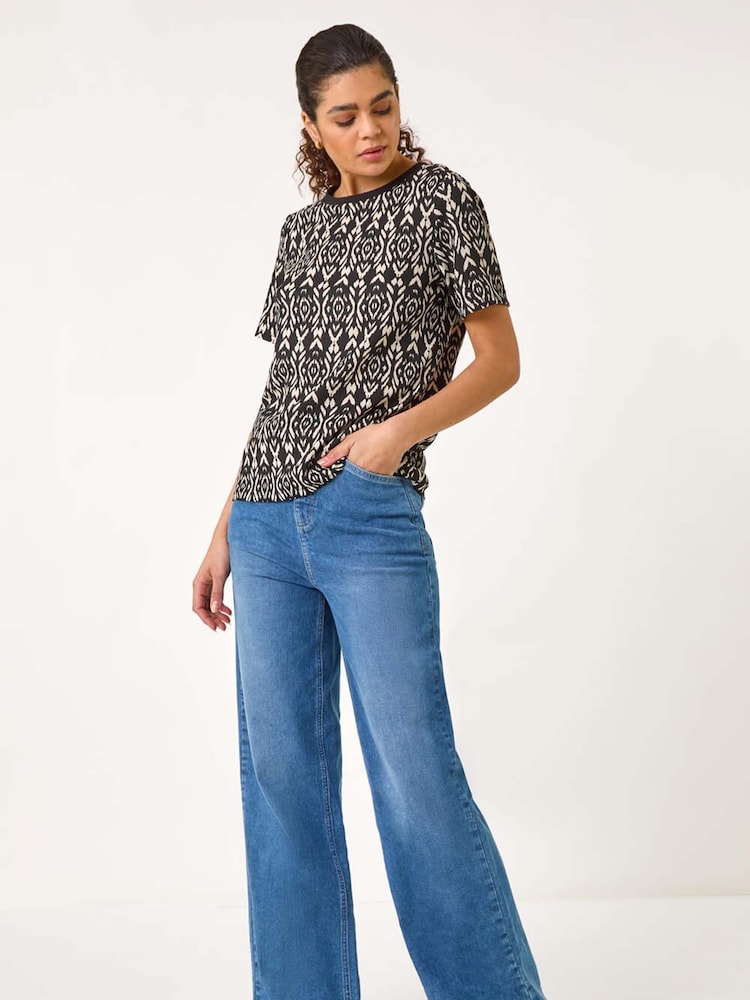 Roman Black Ikat Print Textured Stretch Top - Image 2 of 4 Roman Black Ikat Print Textured Stretch Top - Image 2 of 4