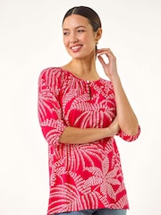 Roman Red Floral Printed Keyhole Front Stretch Top - Image 1 of 5