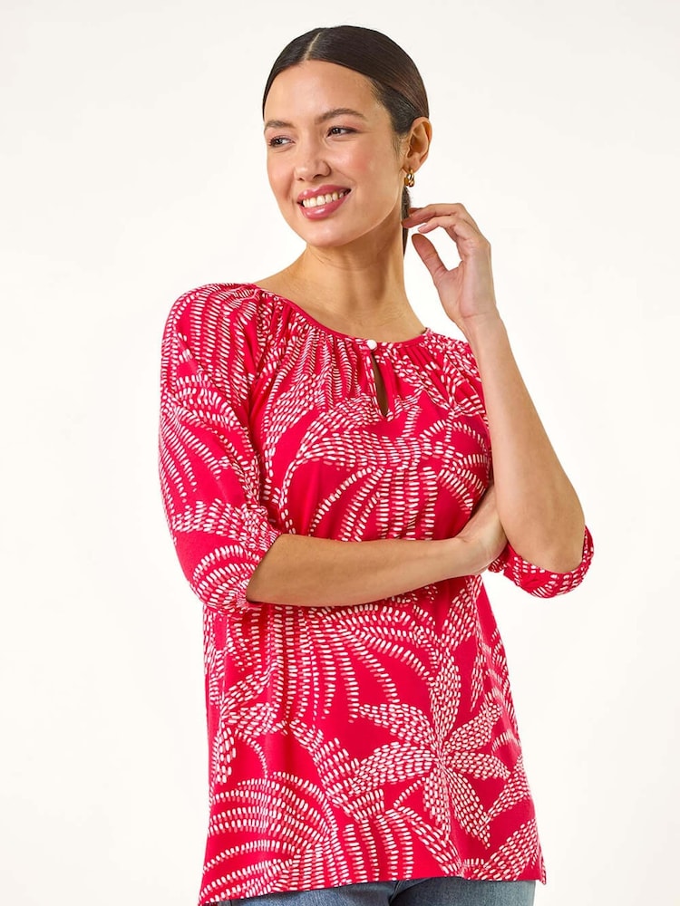 Roman Red Floral Printed Keyhole Front Stretch Top - Image 1 of 5 Roman Red Floral Printed Keyhole Front Stretch Top - Image 1 of 5