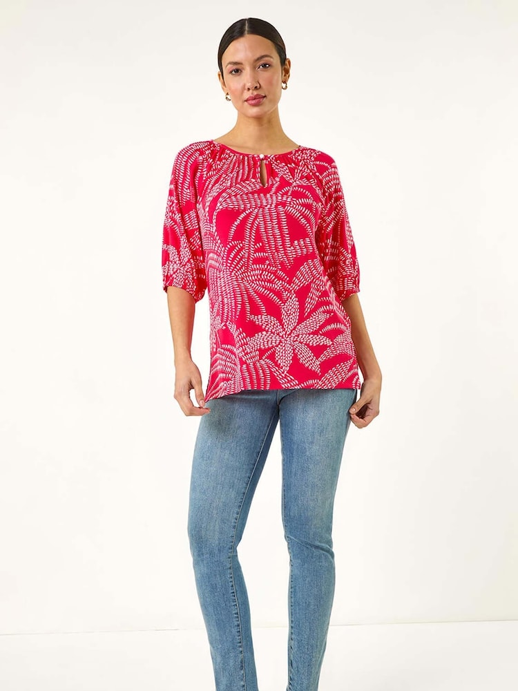 Roman Red Floral Printed Keyhole Front Stretch Top - Image 2 of 5 Roman Red Floral Printed Keyhole Front Stretch Top - Image 2 of 5
