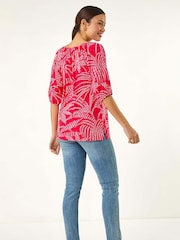 Roman Red Floral Printed Keyhole Front Stretch Top - Image 3 of 5