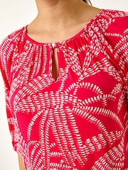 Roman Red Floral Printed Keyhole Front Stretch Top - Image 5 of 5