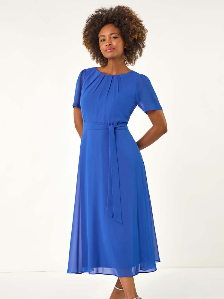 Roman Blue Pleated Chiffon Midi Dress - Image 2 of 5 Roman Blue Pleated Chiffon Midi Dress - Image 2 of 5