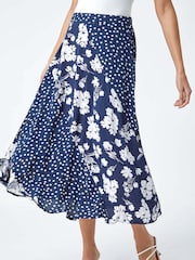 Roman Blue Mixed Floral Spot Print Midi Stretch Skirt - Image 4 of 4