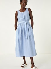 Roman Blue Pinstripe Belted Midi Dress - Image 1 of 5