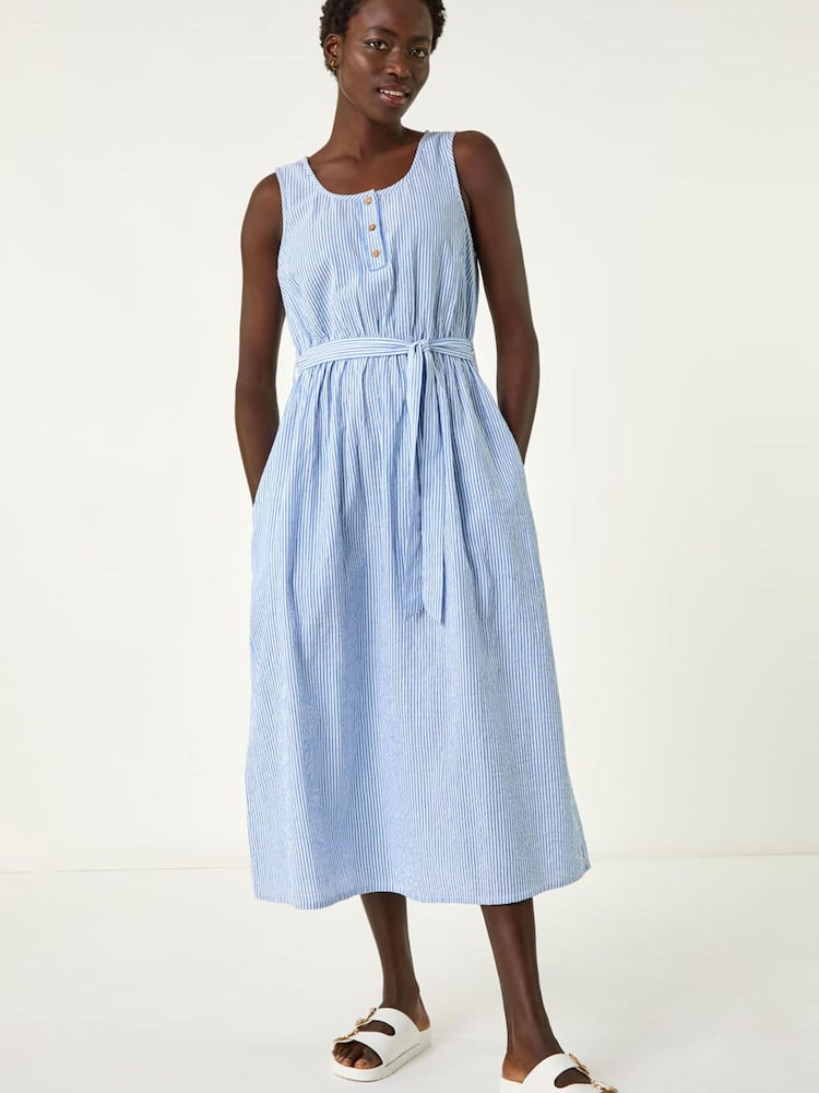 Roman Blue Pinstripe Belted Midi Dress - Image 1 of 5 Roman Blue Pinstripe Belted Midi Dress - Image 1 of 5