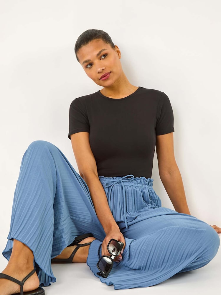 Roman Blue Pleated Wide Leg Stretch Culottes - Image 1 of 5