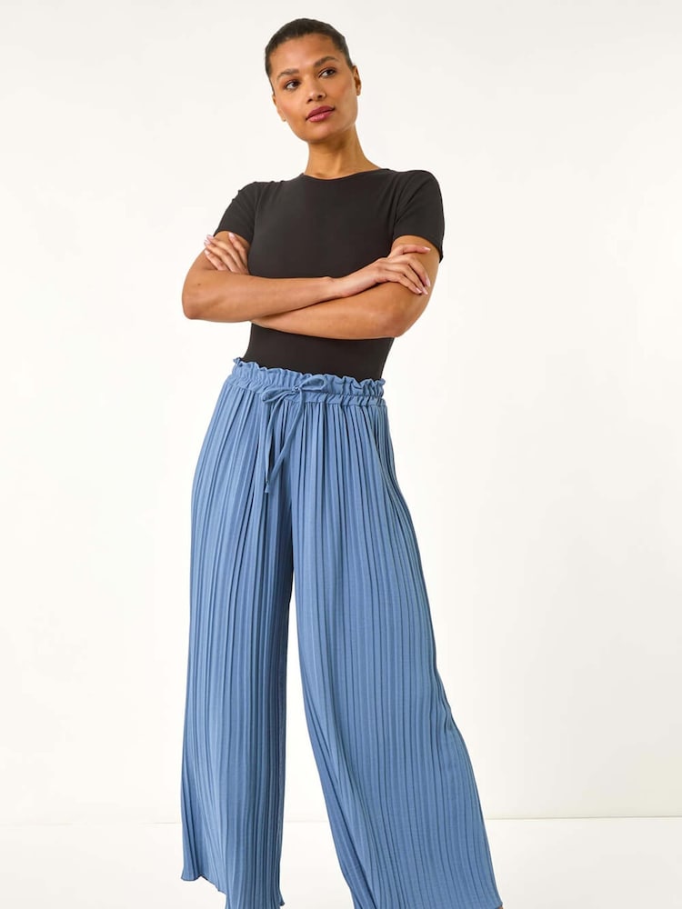 Roman Blue Pleated Wide Leg Stretch Culottes - Image 2 of 5