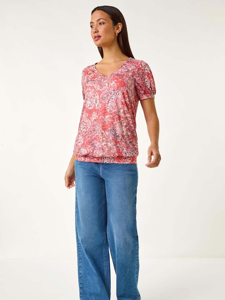 Roman Red Paisley Burnout Blouson Top - Image 2 of 5