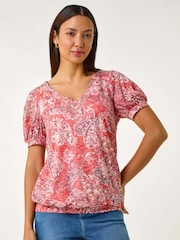 Roman Red Paisley Burnout Blouson Top - Image 4 of 5