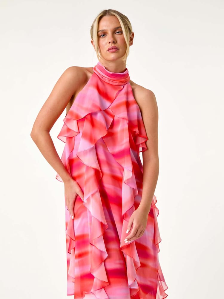 Roman Pink Petite Abstract Halter Neck Ruffle Dress - Image 1 of 5