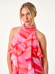 Roman Pink Petite Abstract Halter Neck Ruffle Dress - Image 4 of 5