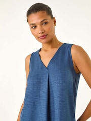 Roman Blue V-Neck Front Pleat Draped Vest Top - Image 4 of 5