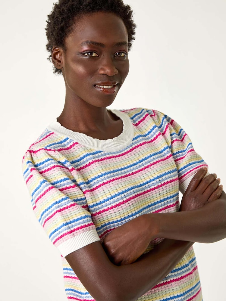 Roman Cream Scallop Edge Stripe Knit Top - Image 1 of 5