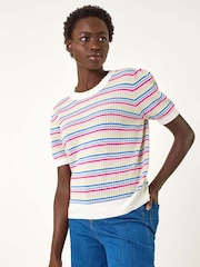Roman Cream Scallop Edge Stripe Knit Top - Image 2 of 5