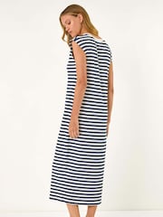 Roman Blue Ribbed Stripe Cap Sleeve Midi Dress - Image 2 of 4