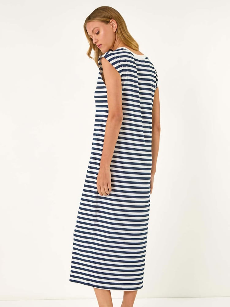 Roman Blue Ribbed Stripe Cap Sleeve Midi Dress - Image 2 of 4