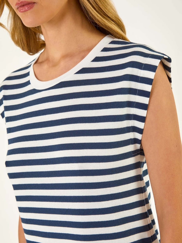Roman Blue Ribbed Stripe Cap Sleeve Midi Dress - Image 4 of 4
