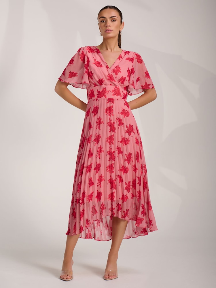 Jolie Moi Coral Chiffon Pleated Maxi Dress - Image 1 of 6