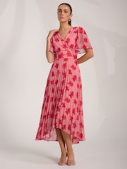 Jolie Moi Coral Chiffon Pleated Maxi Dress - Image 5 of 6