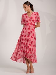 Jolie Moi Coral Chiffon Pleated Maxi Dress - Image 6 of 6