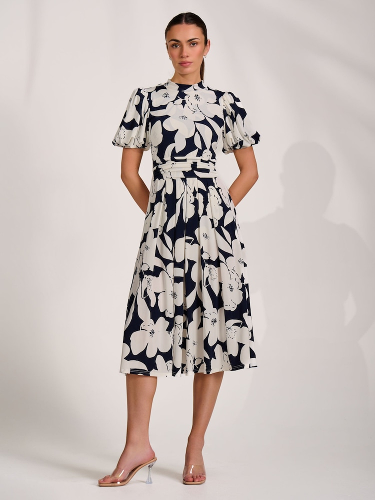 Jolie Moi Blue Turtle Neck Puff Sleeve Jersey Midi Dress - Image 1 of 6