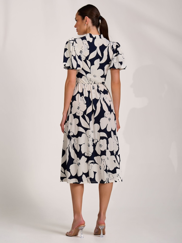 Jolie Moi Blue Turtle Neck Puff Sleeve Jersey Midi Dress - Image 2 of 6