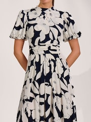 Jolie Moi Blue Turtle Neck Puff Sleeve Jersey Midi Dress - Image 3 of 6