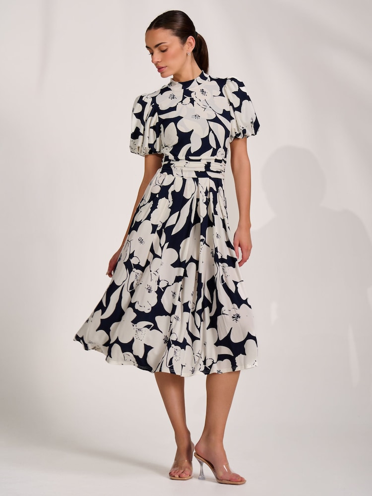 Jolie Moi Blue Turtle Neck Puff Sleeve Jersey Midi Dress - Image 6 of 6