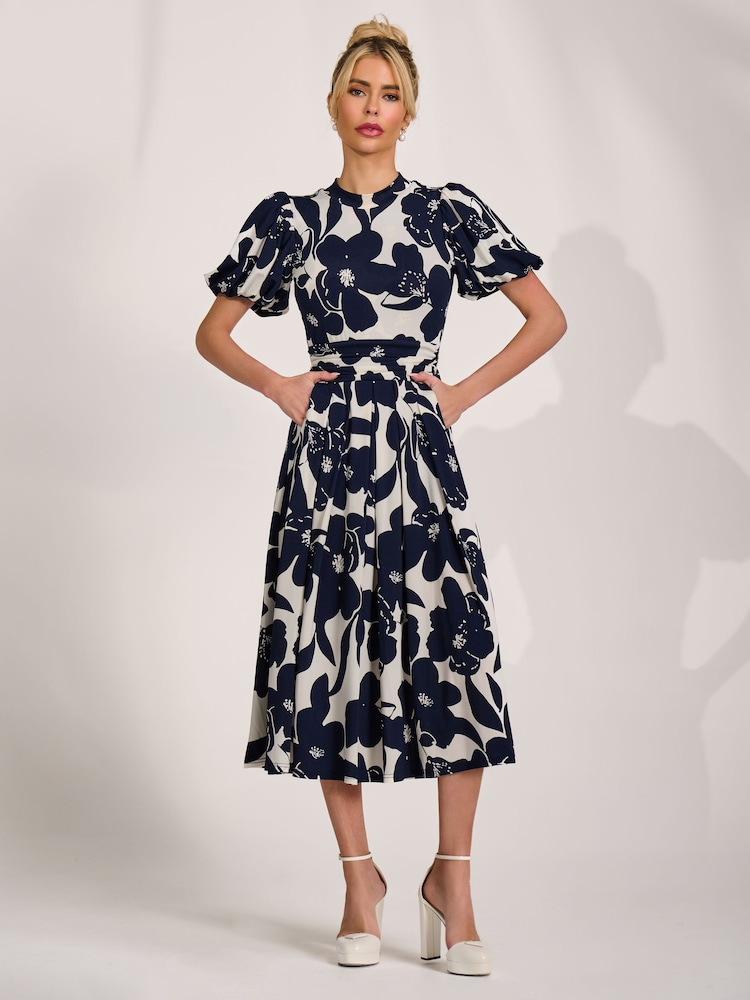 Jolie Moi Cream Turtle Neck Puff Sleeve Jersey Midi Dress - Image 1 of 6