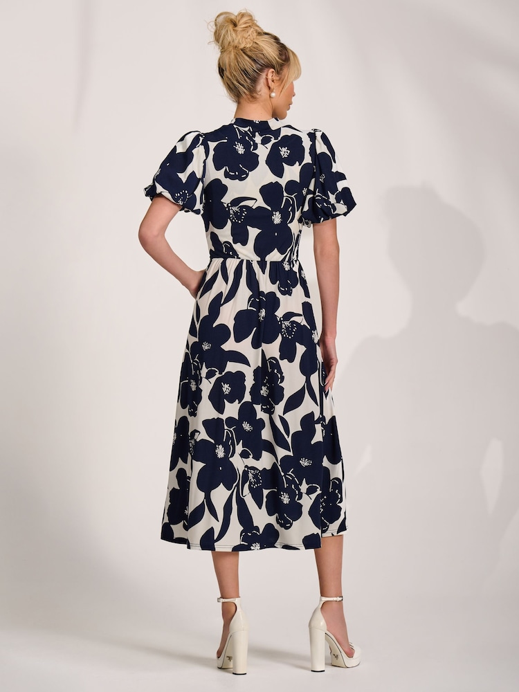 Jolie Moi Cream Turtle Neck Puff Sleeve Jersey Midi Dress - Image 2 of 6