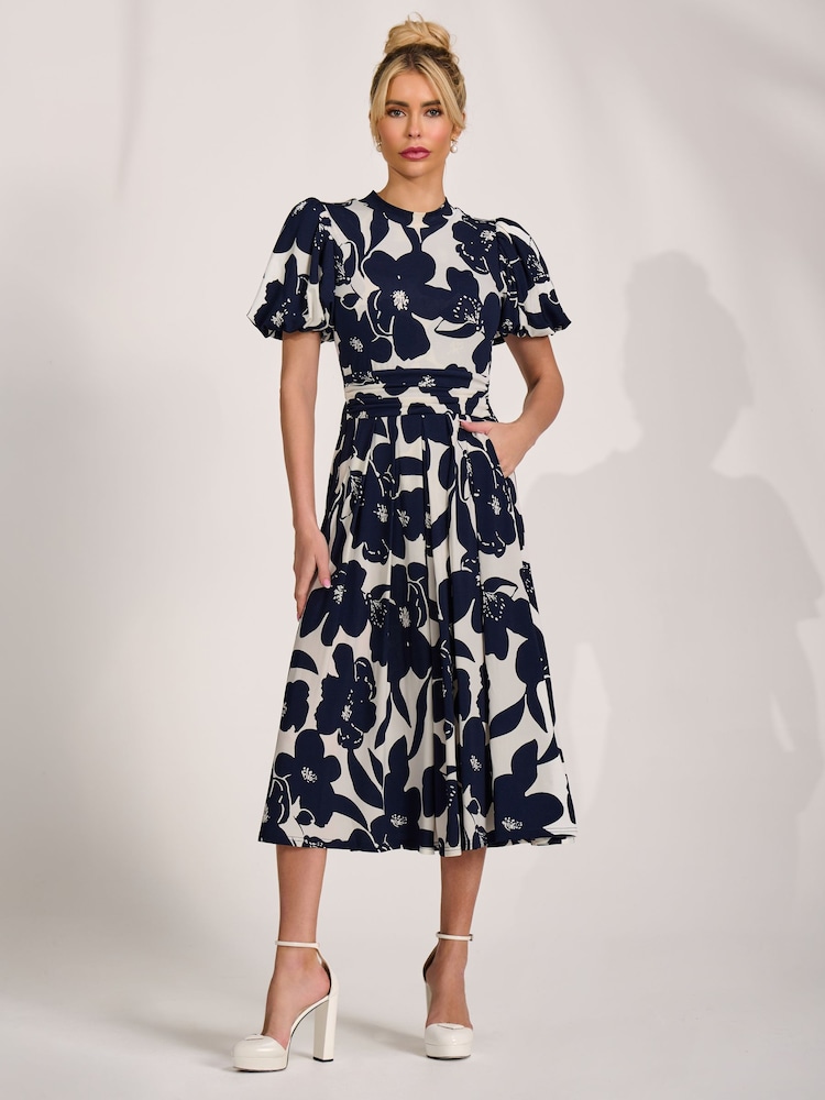 Jolie Moi Cream Turtle Neck Puff Sleeve Jersey Midi Dress - Image 6 of 6