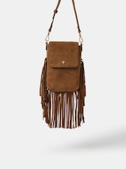 Accessorize Brown Fringe Suede Phone Bag - Image 1 of 3