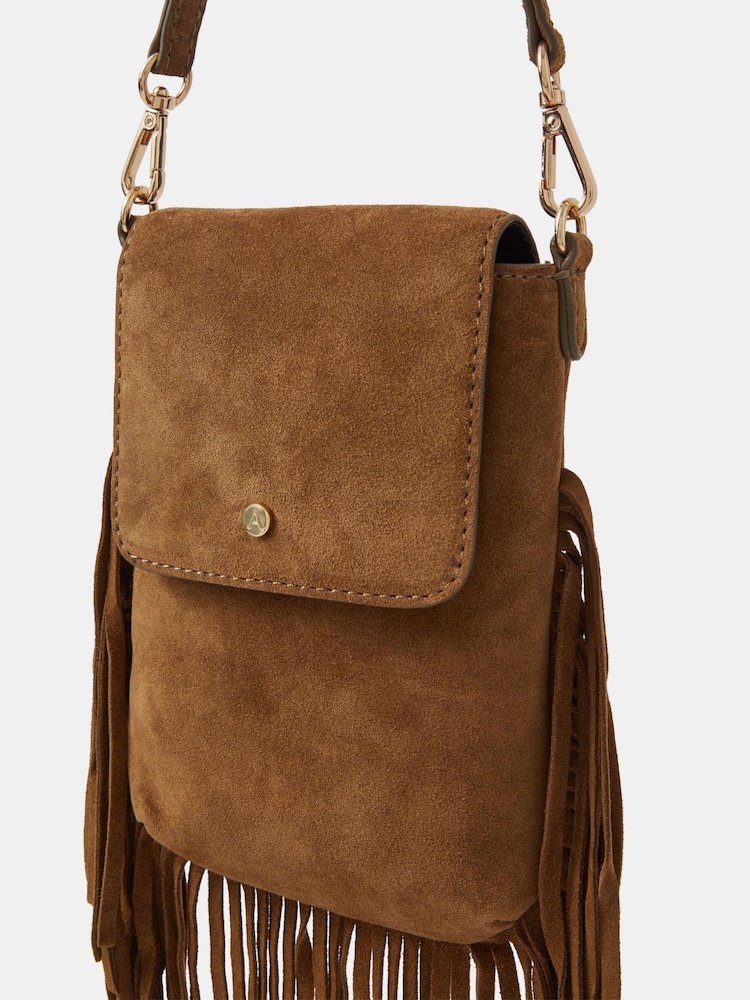 Accessorize Brown Fringe Suede Phone Bag - Image 2 of 3