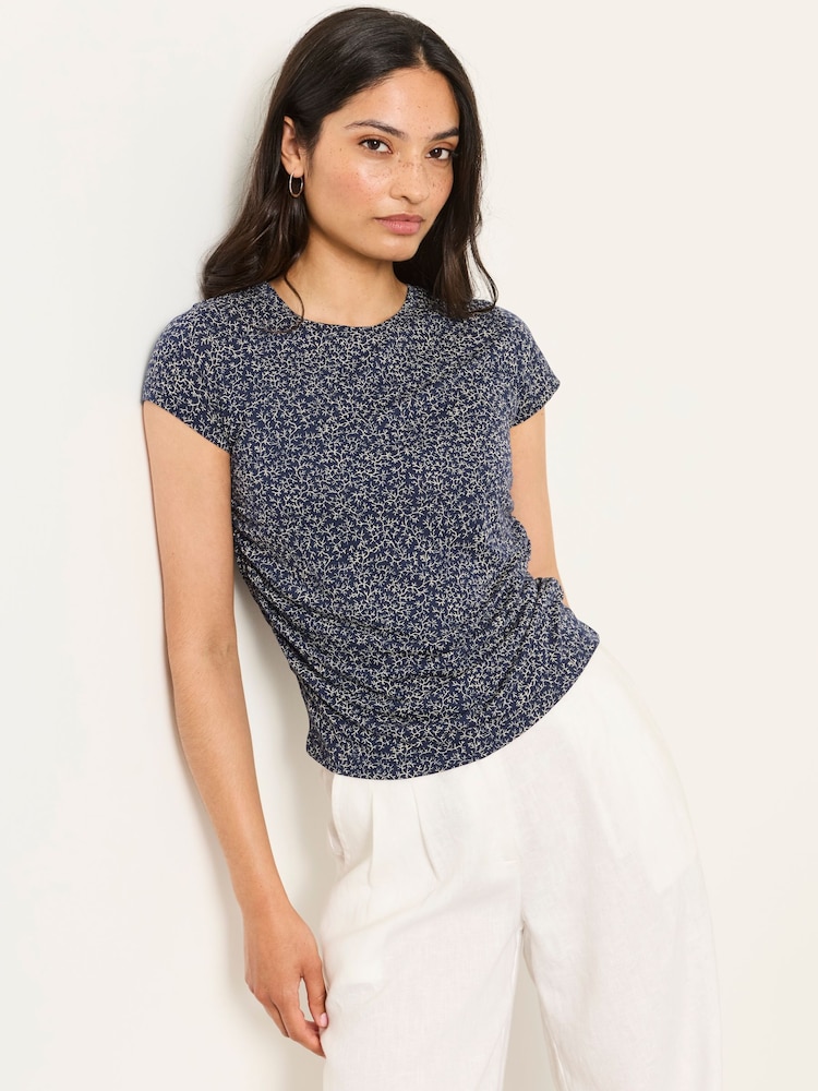 Navy Coral Print - FatFace Short Sleeve Ruched Top - 6의 이미지 1