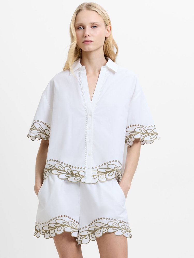 French Connection White Alissa Cotton Embroidered Trim Shirt - Image 1 of 5 French Connection White Alissa Cotton Embroidered Trim Shirt - Image 1 of 5