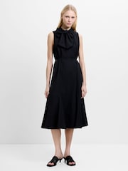 French Connection Black Era Poplin Godet Bow Midi Dress - Image 1 of 6