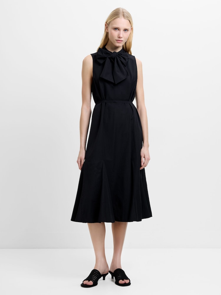 French Connection Black Era Poplin Godet Bow Midi Dress - Image 1 of 6