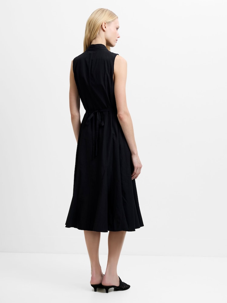 French Connection Black Era Poplin Godet Bow Midi Dress - Image 2 of 6