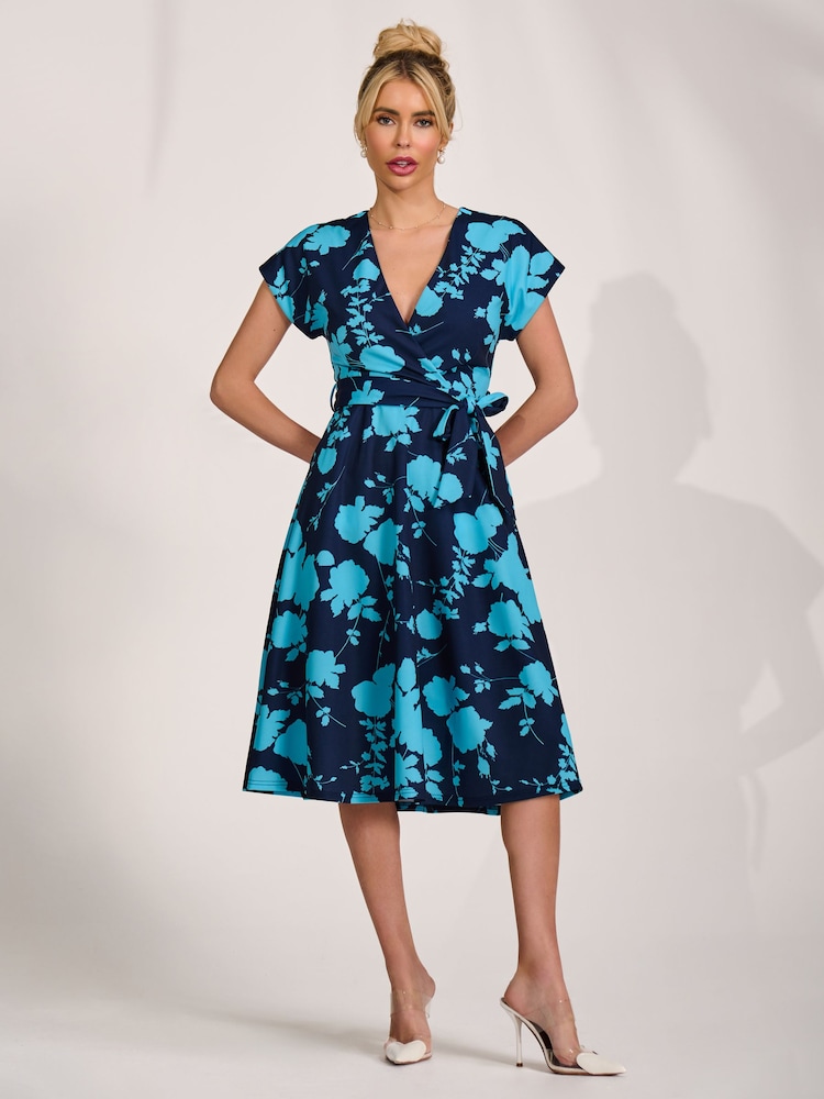 Jolie Moi Blue V-Neck Print Scuba Midi Dress - Image 1 of 6 Jolie Moi Blue V-Neck Print Scuba Midi Dress - Image 1 of 6